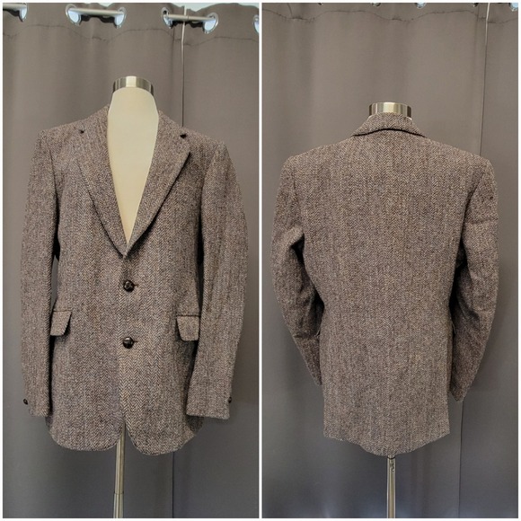 Vintage 80sHarris Tweed Blazer Brown Herringbone Wool Sport Coat 40R